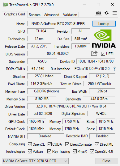Asus RTX 2070 Super 8GB Dual Evo - Refurbished