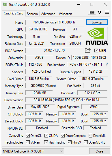Asus RTX 3080 TI 12GB TUF Gaming OC - Refurbished