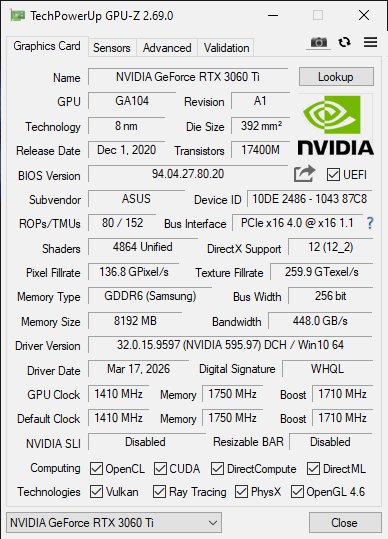 Asus RTX 3060 TI 8GB Dual OC - Refurbed