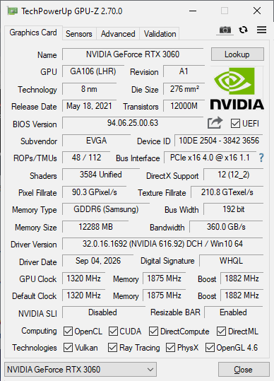 EVGA RTX 3060 12GB XC - Refurbished