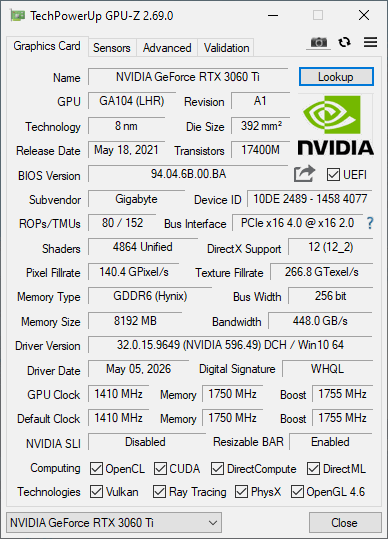 Gigabyte RTX 3060 TI 8GB Vision OC - Refurbished