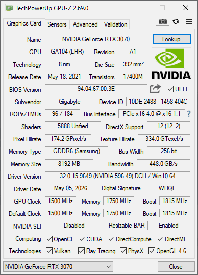 Gigabyte RTX 3070 8GB Gaming OC Rev 2.0 - Refurbished