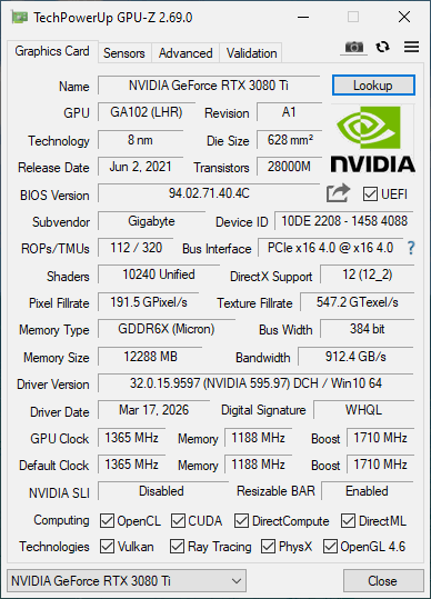 Gigabyte RTX 3080 TI 12GB Gaming OC - Refurbished