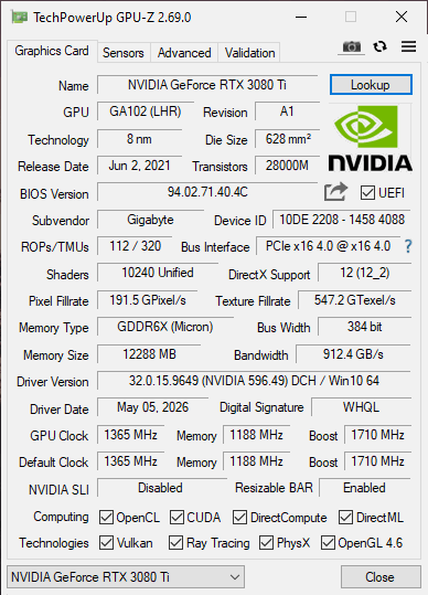 Gigabyte RTX 3080 TI 12GB Gaming OC - Refurbished