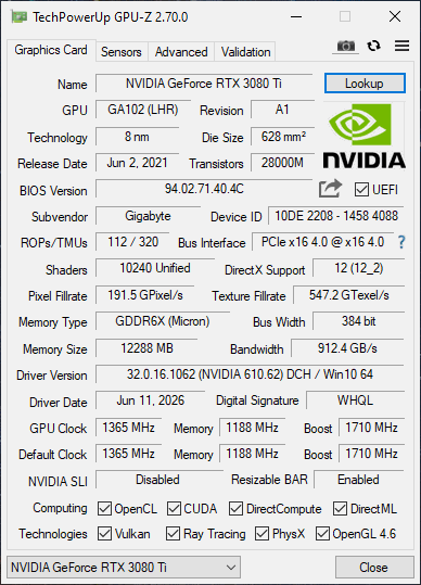 Gigabyte RTX 3080 TI 12GB Gaming OC - Refurbished