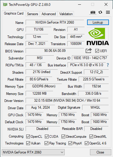 MSI RTX 2060 12GB Ventus OC 2X - Refurbished