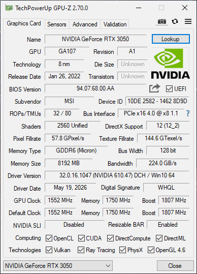 MSI RTX 3050 8GB Ventus 2X XS OC - Refurbished