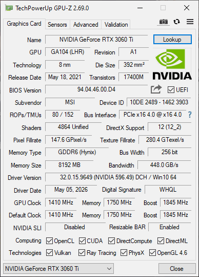 MSI RTX 3060 TI 8GB Gaming Z Trio - Refurbished