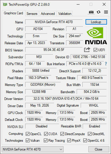 MSI RTX 4070 12GB Ventus 2X OC - Refurbished