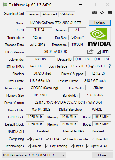 Palit RTX 2080 Super 8GB GameRock - Refurbished