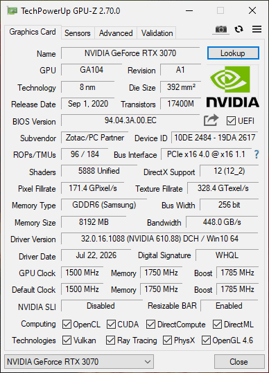 Zotac RTX 3070 8GB AMP Holo - Refurbished