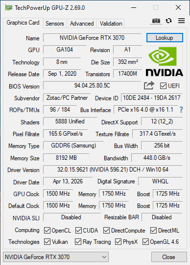 Zotac RTX 3070 8GB Twin Edge - Refurbished
